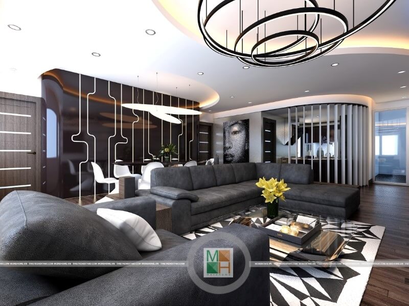 Thiết kế nội thất chung cư đẹp với bộ sofa da màu đen sang trọng tạo điểm nhấn nổi bật cho phòng khách. Trang trí nội thất chung cư
