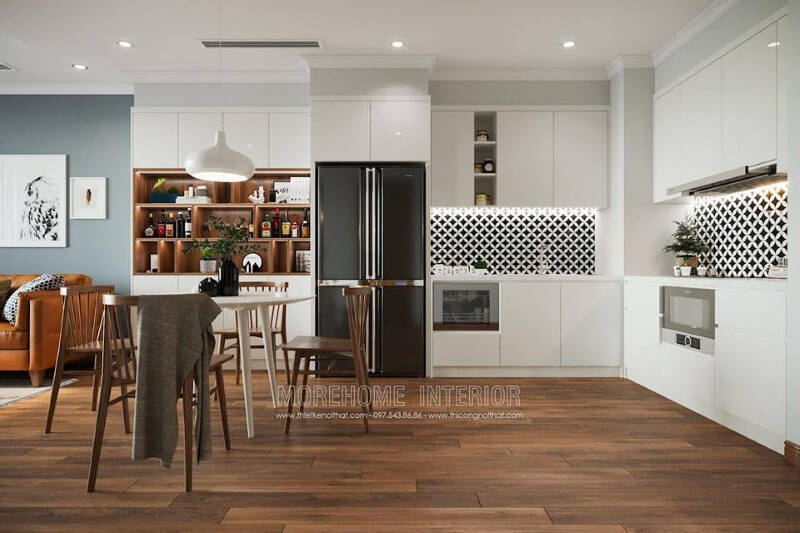 Hệ thống bếp được thiết kế với chất liệu gỗ công nghiệp thiết kế hiện đại và tiện nghi Thiết kế tủ bếp, sản xuất tủ bếp chung cư