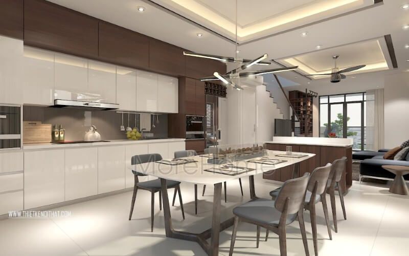 Nội thất phòng bếp với các vật liệu nhẹ như gỗ An Cường và kính cường lực cao cấp giúp không gian nấu nướng trở nên sang trọng và rộng thoáng hơn rất nhiều