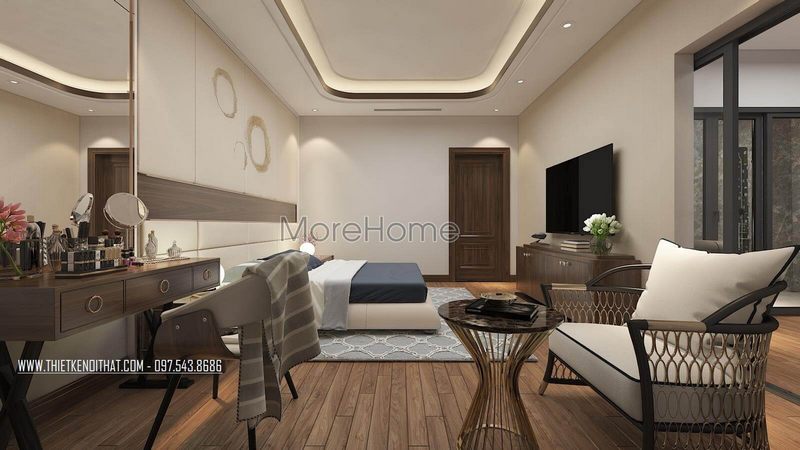 Lựa chọn sàn gỗ với tông màu nâu sáng
trở nên thoáng rộng hơn cho phòng ngủ nhà phốchung cư