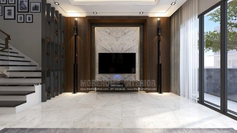 Mẫu đá đối vân ốp tường mang lại sự độc đáo và ấn tượng cho các không gian biệt thự, nhà phố hiện đại nhờ sự đẹp mắt của nó.